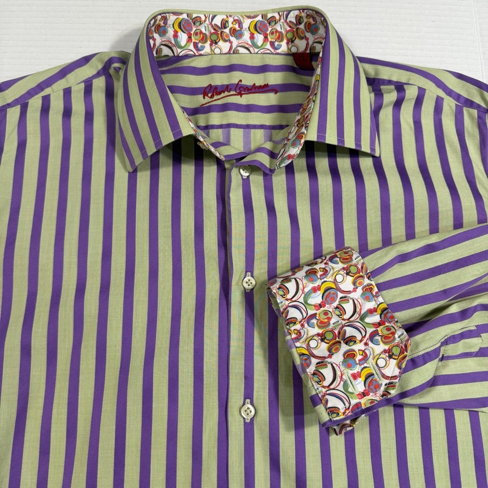 Robert Graham long-sleeve button-down, green & purple stripes Large 100% Cotton
